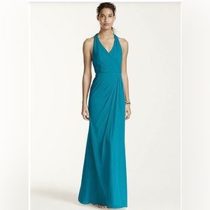 DAVID’s BRIDAL long mesh t-strap back halter F15983 oasis size 0. Never worn!!